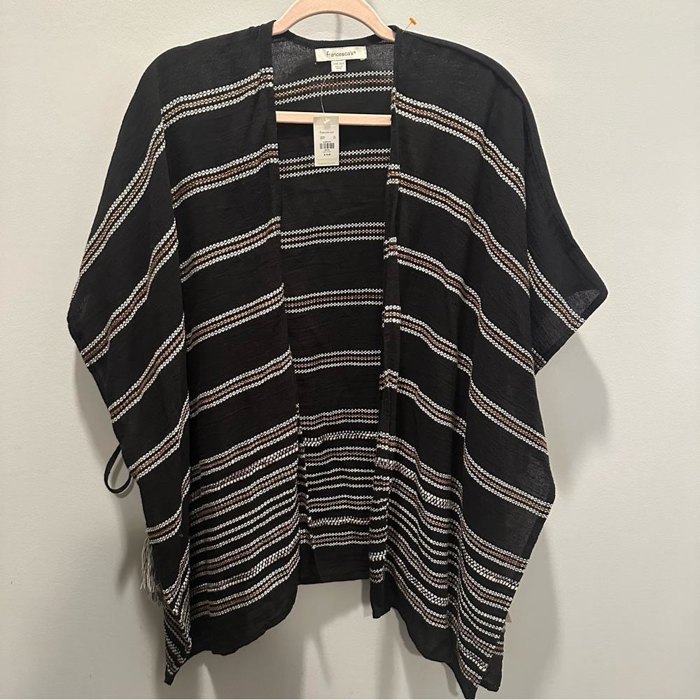Francesca's NWT Black Brown white Embroidered Kimono Shawl Cardigan Boho